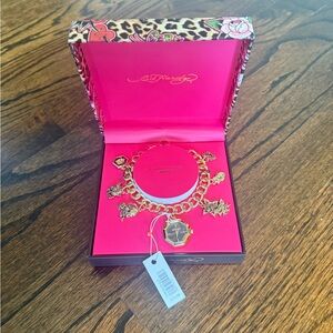 Ed Hardy Gold Charm Bracelet Watch with Pink Presentation